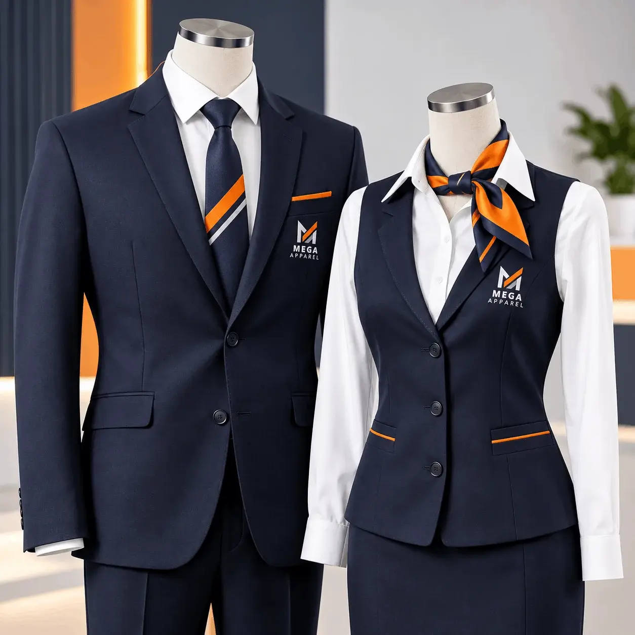 Professional corporate and retail uniforms displayed on male and female mannequins,
                                    featuring navy suits, white shirts, coordinated orange accents, and Mega Apparel branding in a modern office setting.
